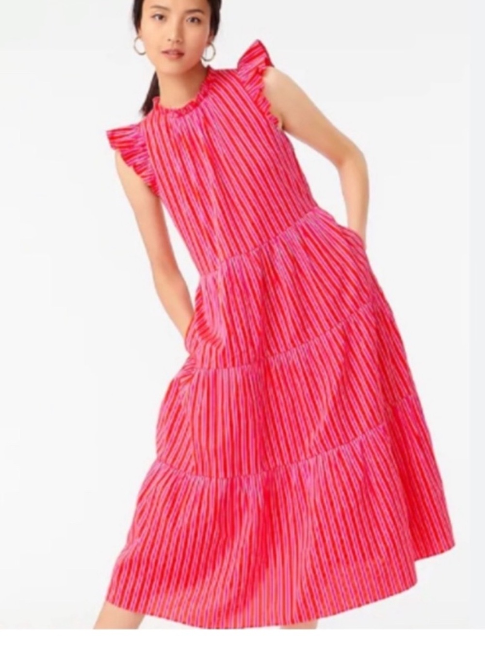 J Crew Cotton Dobby Dress in Pink Red Stripes MP tiered boho maxi midi sundress